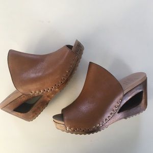 Dansko Brown Leather Clogs with Wooden Cutout Heel
